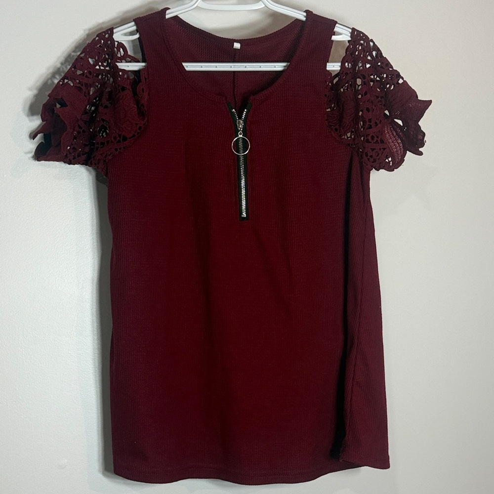 Chic Burgundy Lace Sleeve Blouse